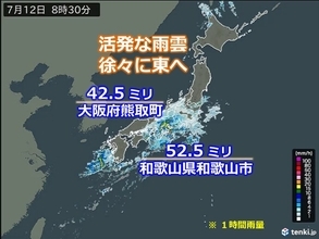 今日12日　活発な雨雲が東進中　非常に激しい雨も　雨のやんだ所も土砂災害に警戒