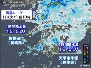 九州でザーザー降りの雨　西から雨のエリア広がる