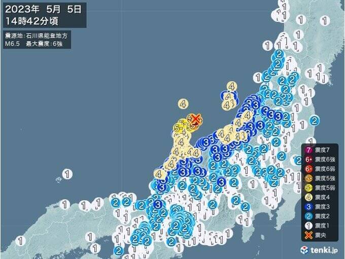 ここ24時間の地震回数　5日は石川県で最大震度6強　きょう6日は能登半島に雨雲