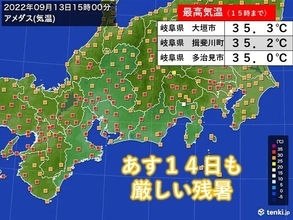 東海地方　あす14日も厳しい残暑で　内陸部は猛暑日の予想　新たな台風の動向に注意