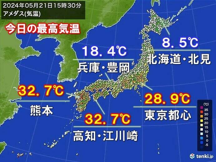 東京都心で真夏日迫る　22日(水)は暑さのエリアが変化　寒暖差・熱中症に注意