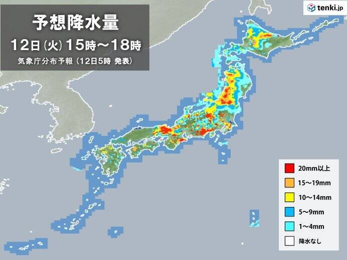 きょう12日　近畿～東北で局地的に大雨　滝のような雨も　土砂災害などに警戒