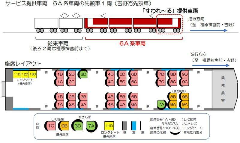 近鉄初の一般車指定席「すわれ～る」6/1～新型車両6A系でスタート！ 南大阪線・吉野線急行の先頭1両で「座れる安心」を提供（ネット予約限定）