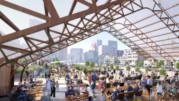 「築地市場の再開発、約5万人収容の「屋内型新スタジアム」がついに誕生へ！ホテル･商業棟など9棟複合の扇モチーフの未来都市構想」の画像