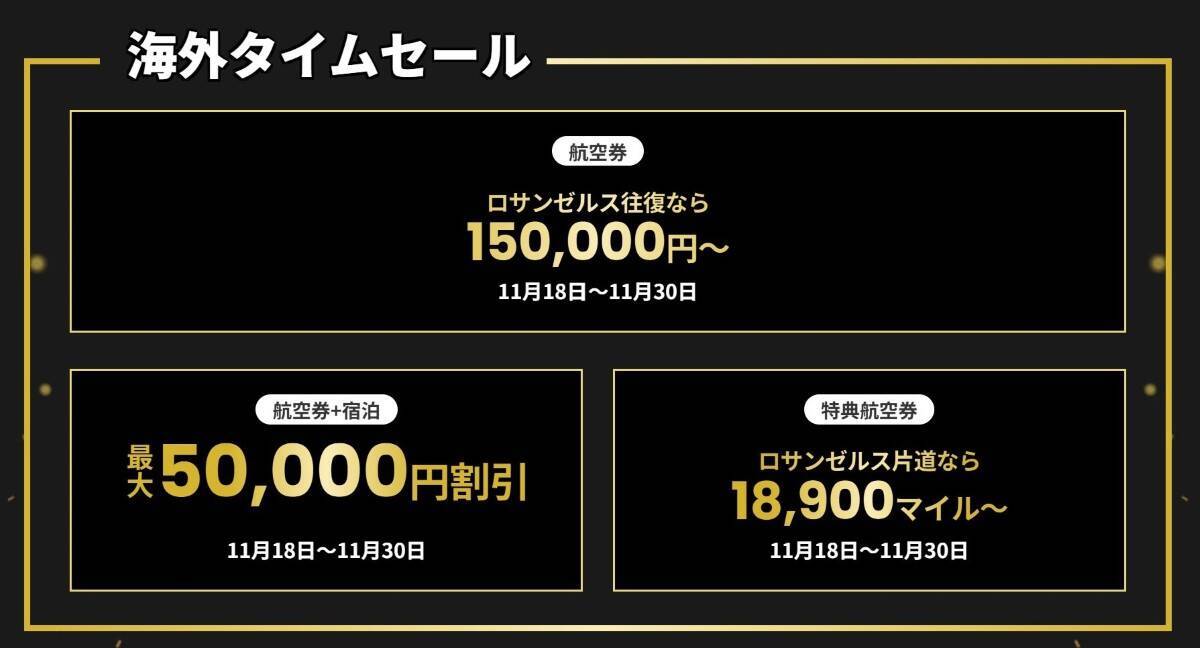 【JALブラックフライデー】LA特典航空券が なんと片道18,900マイル、国内線セールは7,700円～！ 11/18～30 FLYDAYセールを解説