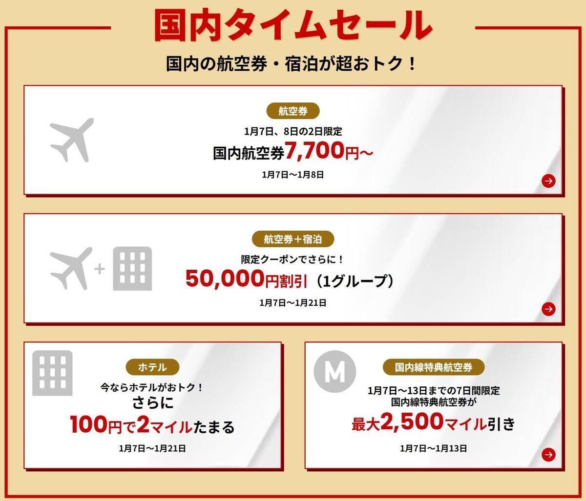 【JAL新春セール2026】国内線7,700円〜＆特典航空券もマイル割引！ハワイ旅行が当たる豪華キャンペーンも、1月7日～開催