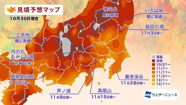 「全国地域別【紅葉予想2025】人気名所の見頃をチェック！本州〜九州では平年並から遅く、日光･高尾山･箱根･嵐山はいつが見頃？」の画像