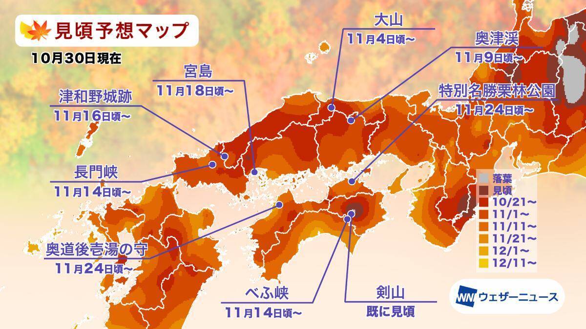 全国地域別【紅葉予想2025】人気名所の見頃をチェック！本州〜九州では平年並から遅く、日光･高尾山･箱根･嵐山はいつが見頃？
