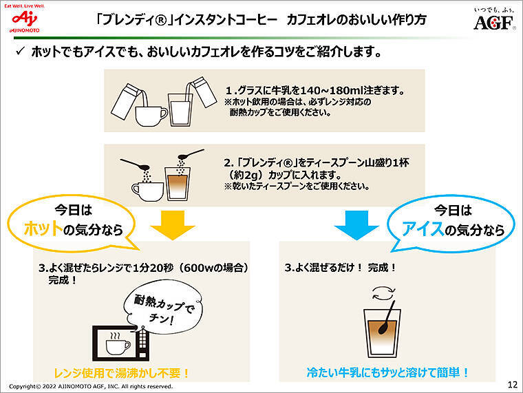 インスタントコーヒー Blendy ブレンディは冷たい牛乳にサッと溶けてかんたん濃厚カフェオレに！ ブラック派は「ちょっと贅沢な珈琲店」を、製法の違いで選ぶ楽しみ by 味の素AGF