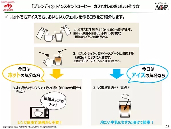 「インスタントコーヒー Blendy ブレンディは冷たい牛乳にサッと溶けてかんたん濃厚カフェオレに！ ブラック派は「ちょっと贅沢な珈琲店」を、製法の違いで選ぶ楽しみ by 味の素AGF」の画像