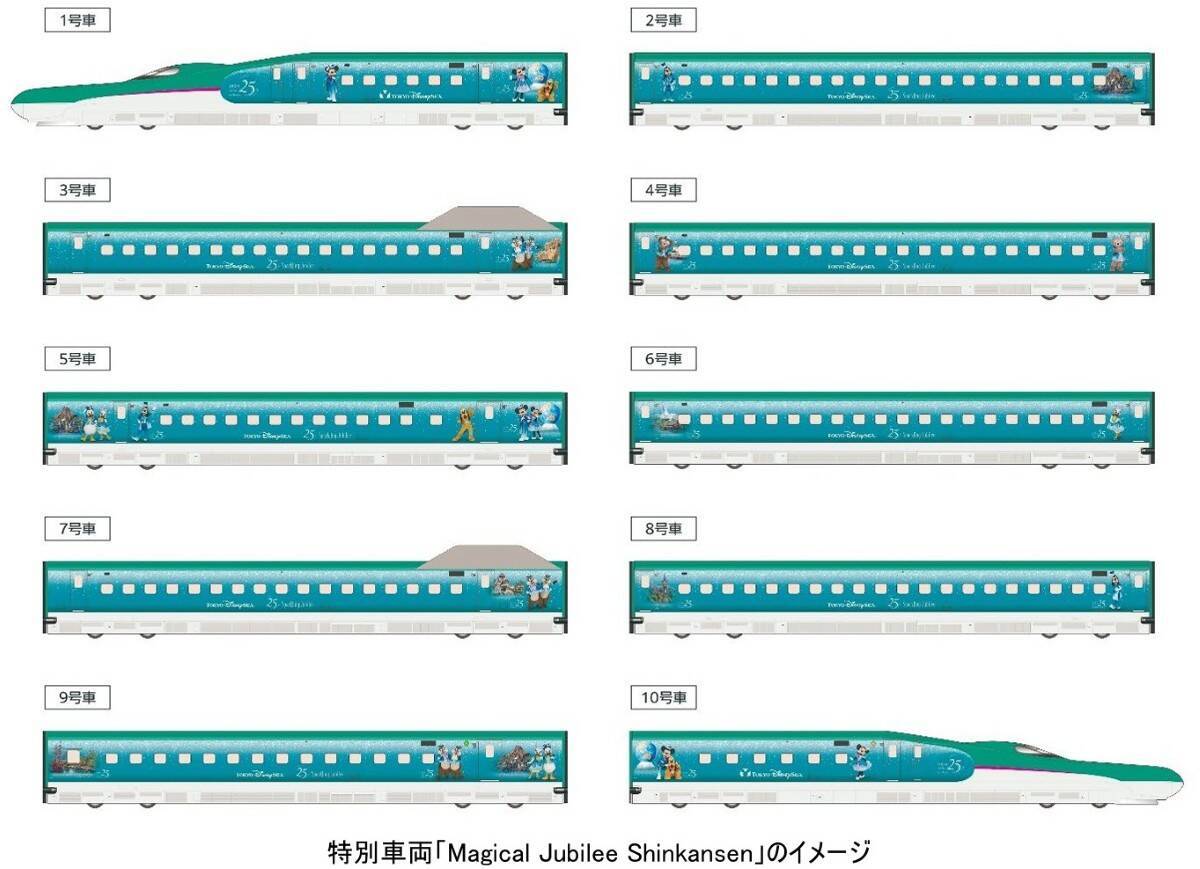 JR2社で特別な新幹線【ディズニーシー25周年】JR東日本 “マジカル･ジュビリー”＆JR東海 “スパークリング･ドリーム”車内装飾や初便ダイヤを解説