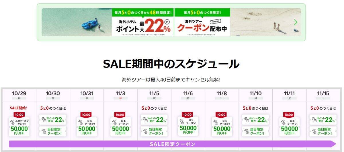 楽天トラベル「秋冬SALE」国内は最大20%OFF、海外は最大5万円クーポンなど お得なセール情報満載！10/29の10時スタートで11/15まで