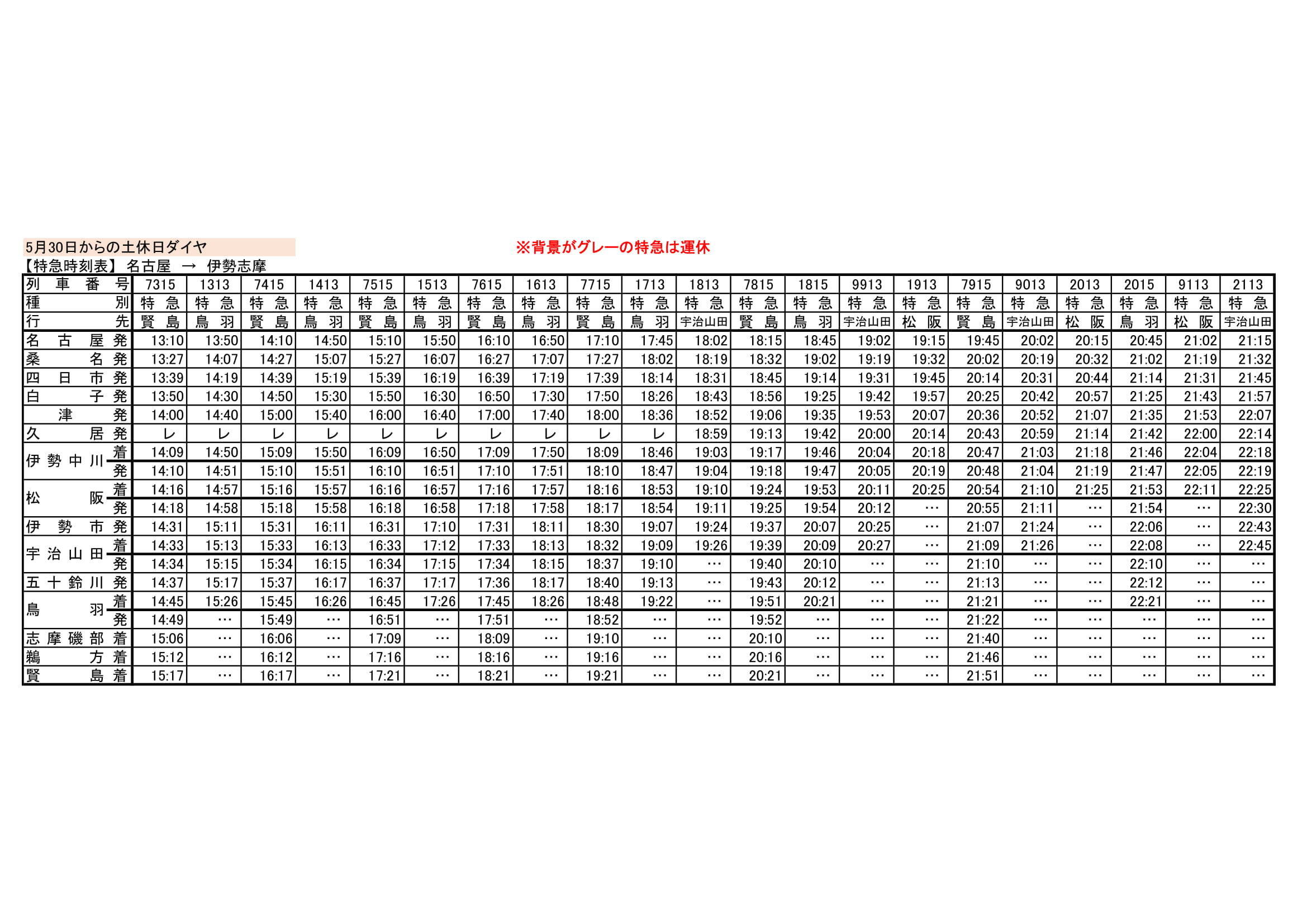 保存版時刻表 近鉄 特急 5月30日からの土休日減便ダイヤ 運休率3 45 画像拡大可 年5月日 エキサイトニュース