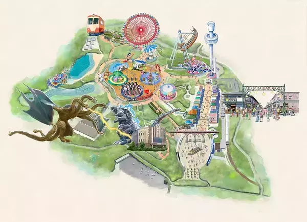 「西武園ゆうえんち、昭和の商店街やゴジラを目玉に5/19グランドオープン　路面電車の塗装も変わる」の画像