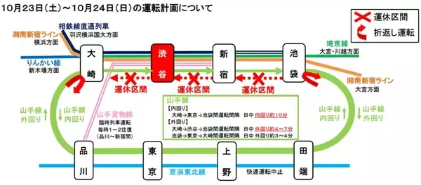 「10月23～24日、山手線内回り池袋～渋谷～大崎間全列車運休へ　渋谷駅で線路切換工事」の画像