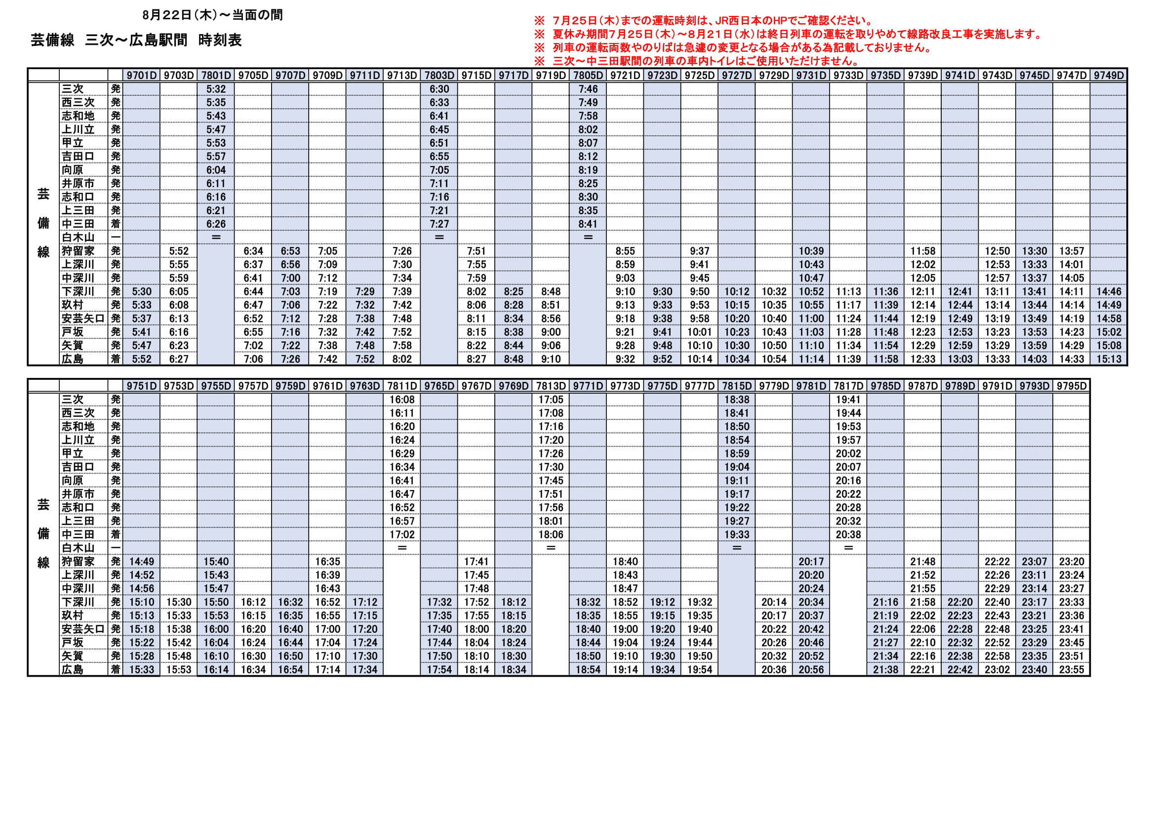 芸備線 徐行区間解消 8月22日から三次 中三田の運転時刻変更 時刻表画像拡大ok 資料 19年6月14日 エキサイトニュース