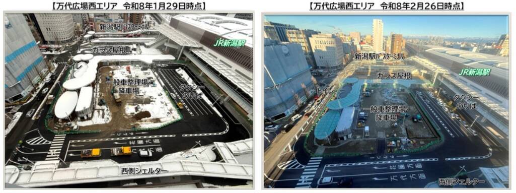 【JR新潟駅】万代広場ペデストリアンデッキ開通でバス・タクシーの「シームレスな乗り換え」が加速！ 2027年春にはいよいよ全面完成へ