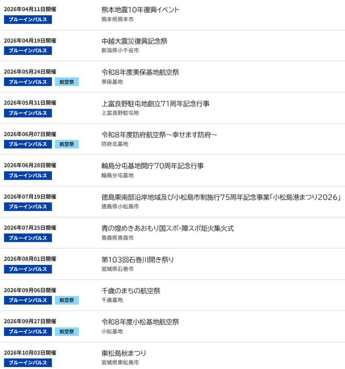 2026年度ブルーインパルス展示飛行スケジュールを公開！全22か所、東京マラソン2027や横浜「GREEN EXPO」上空へも