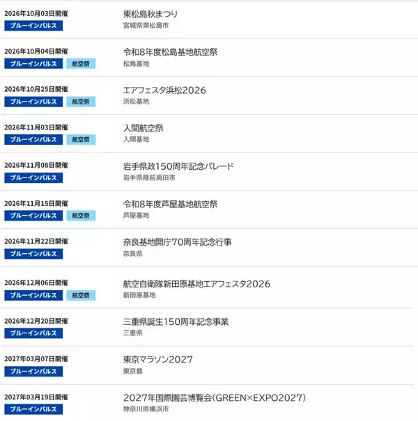 「2026年度ブルーインパルス展示飛行スケジュールを公開！全22か所、東京マラソン2027や横浜「GREEN EXPO」上空へも」の画像