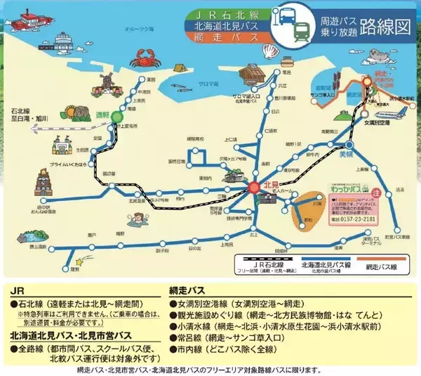「【2026夏】女満別空港からそのまま使える！JR石北本線＆バス乗り放題「北見・網走周遊フリーパス」でおトクに道東観光（8/3発売）」の画像