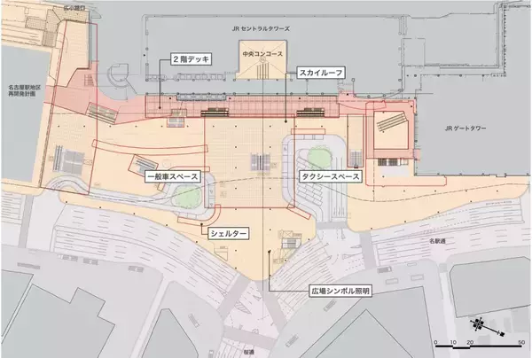 「名古屋駅東口広場の最新デザイン公表！リニア駅を控え新広場はどう変わる？歩行者空間の”飛翔”跡地の拡大と迷わない乗り換えへの改善」の画像