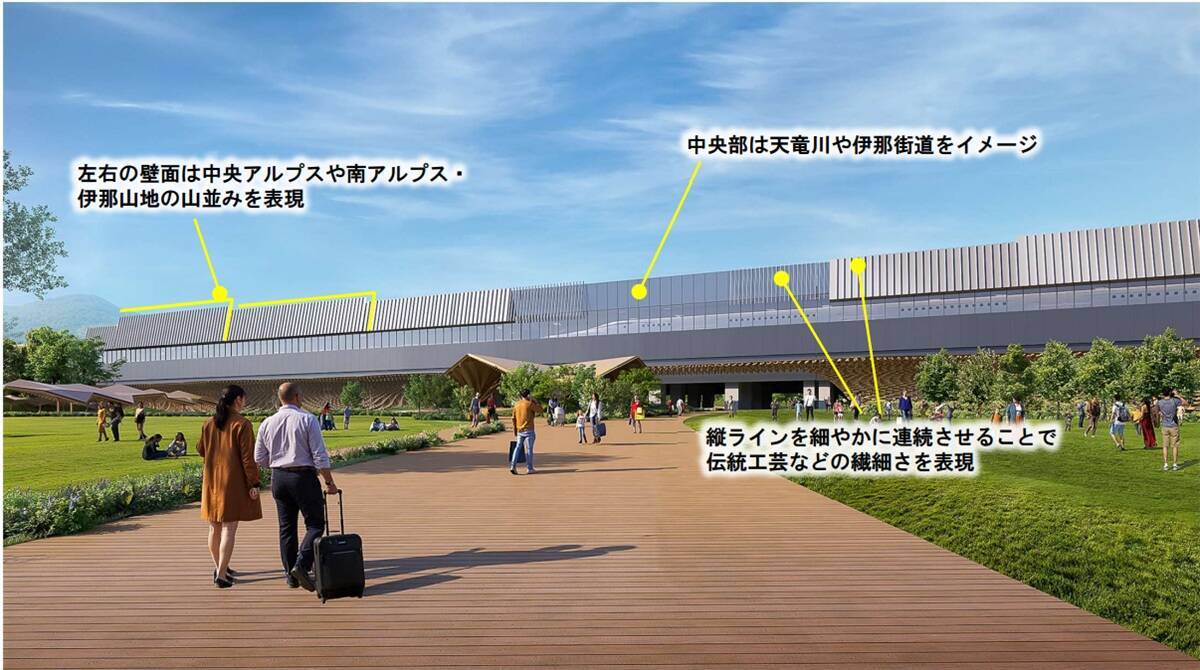 駅舎から最新車両が見える!? リニア中央新幹線「長野県駅（仮称）」のデザイン3案が判明！ 長野・飯田市の新たな玄関口はどう変わるのか