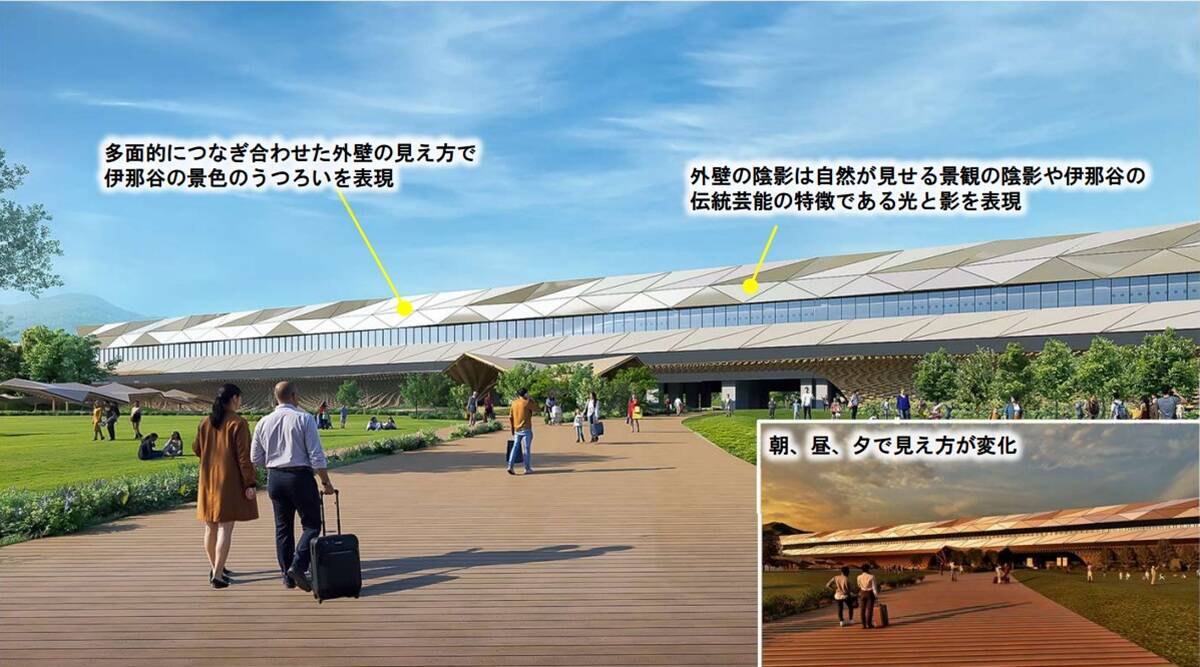 駅舎から最新車両が見える!? リニア中央新幹線「長野県駅（仮称）」のデザイン3案が判明！ 長野・飯田市の新たな玄関口はどう変わるのか