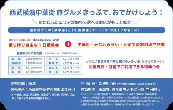 「【2026最新】横浜中華街・元町を遊び尽くす！ 西武鉄道のおトクな「旅グルメきっぷ」発売中、みなとみらい線も1日乗り降り自由」の画像