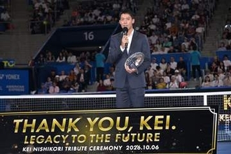 錦織圭が引退セレモニー登場　自身の現役時代の映像に「ジャパンオープンで優勝したときの記憶は鮮明」