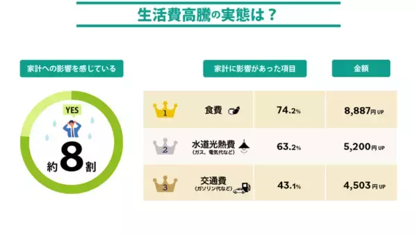 「生活費の高騰による家計への影響「8割」が実感！食費・水道光熱費・交通費で約2万円の上昇に」の画像