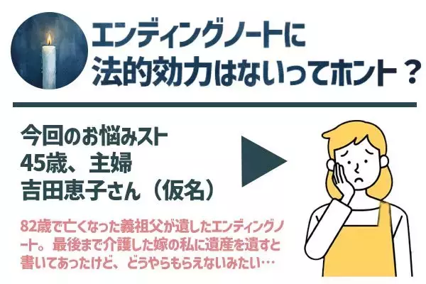 「［新規連載！］終活事件簿「介護嫁は遺産をもらえない？」エンディングノートと遺言書の違い」の画像