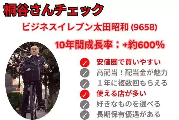 「【桐谷さん厳選株主優待】値上がり率TOP5：10年で株価9倍！」の画像