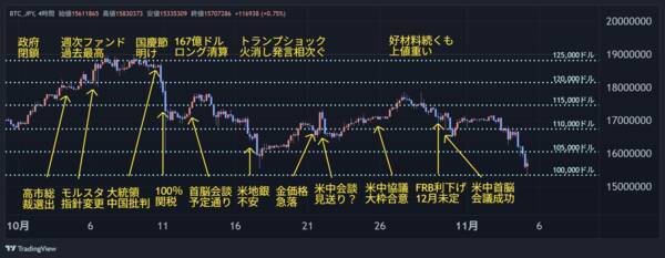 ビットコイン、最高値更新直後に急落…ここがピークアウト？11月復活はあり？
