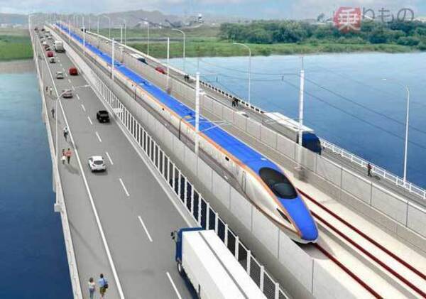 日本初 新幹線 道路併用橋 が 閉合 中央に新幹線 左右に道路 21年6月9日 エキサイトニュース