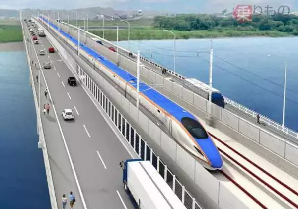 「日本初「新幹線・道路併用橋」が“閉合” 中央に新幹線、左右に道路」の画像