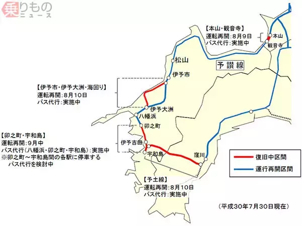 豪雨不通の予讃線、9月中に全線復旧へ　予土線は8月10日に再開予定　JR四国