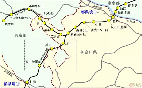 「都県境越え、実に11回！　小田急小田原線と蛇行する境の謎」の画像