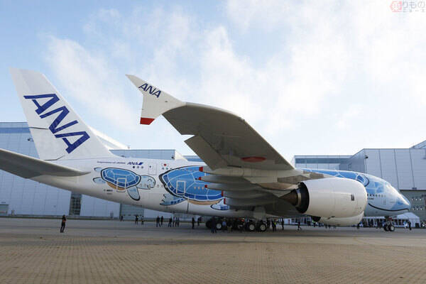 日本初の巨大旅客機エアバスA380、姿を現す ANA「空飛ぶウミガメ」1号機、ドイツの工場で
