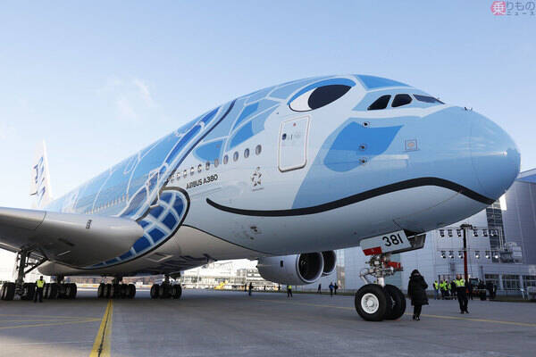 日本初の巨大旅客機エアバスA380、姿を現す ANA「空飛ぶウミガメ」1号機、ドイツの工場で