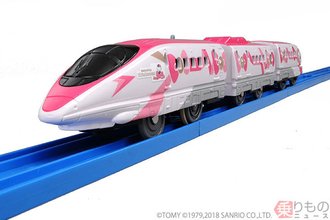 500系「ハローキティ新幹線」がプラレールに 車体のリボンやピンク色再現