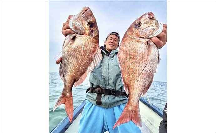 伊勢湾タイラバゲームでマダイ5匹キャッチ【愛知】赤色の細カーリーのネクタイに好反応