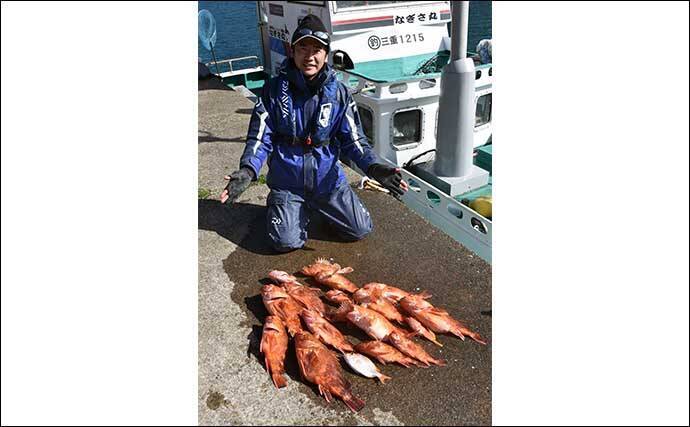 中深海の根魚五目釣りで50cm級頭に良型ウッカリカサゴが連発【三重・なぎさ丸】