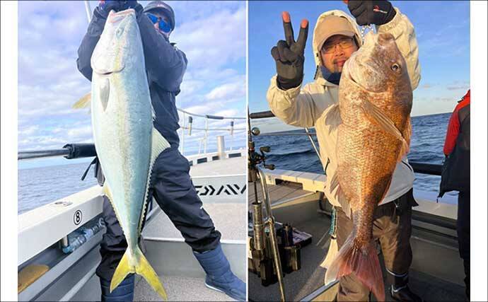 関西エリアの【船釣り特選釣果】左に寒ブリ右にマダイ！ジギング＆ディープタイラバリレーで良型連発