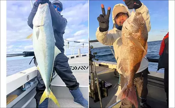「関西エリアの【船釣り特選釣果】左に寒ブリ右にマダイ！ジギング＆ディープタイラバリレーで良型連発」の画像
