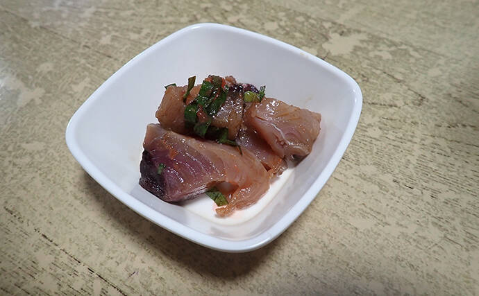 釣魚で作る「刺身アレンジ」レシピ：ハガツオの梅じそ和え　カツオ系と相性抜群