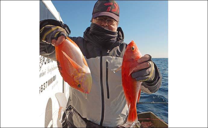 「アカイサキ釣りで連掛け連発！」1人平均30尾にゲスト5kgマダイもキャッチ【福岡・第二大福丸】