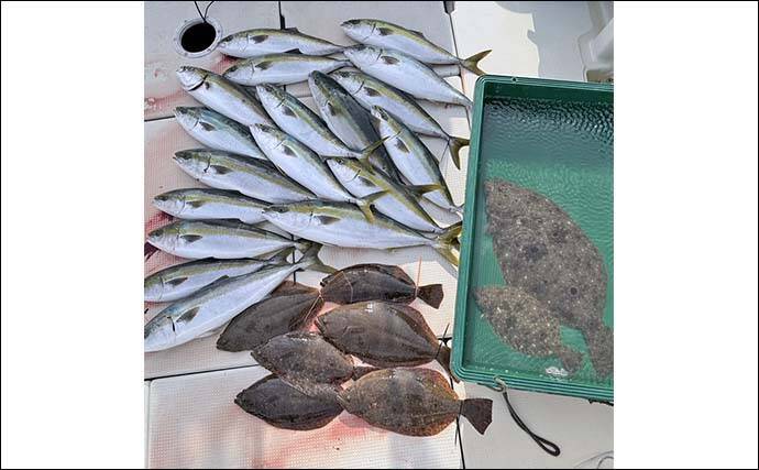 周防灘の泳がせ釣りで75cm大判を筆頭に船中8尾のヒラメを手中【山口】青物や根魚もヒット！