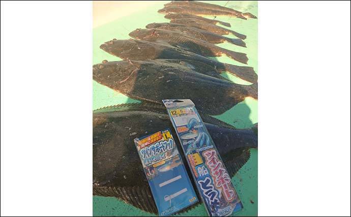 船でのイワシ泳がせ釣りでヒラメ8尾にマゴチ3尾と快釣【茨城・かもめ丸】
