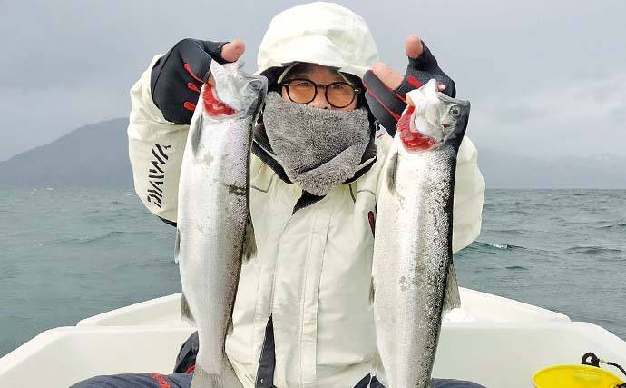 琵琶湖のレイクトローリングでビワマス連発【滋賀県】48cm頭に2人で10匹達成