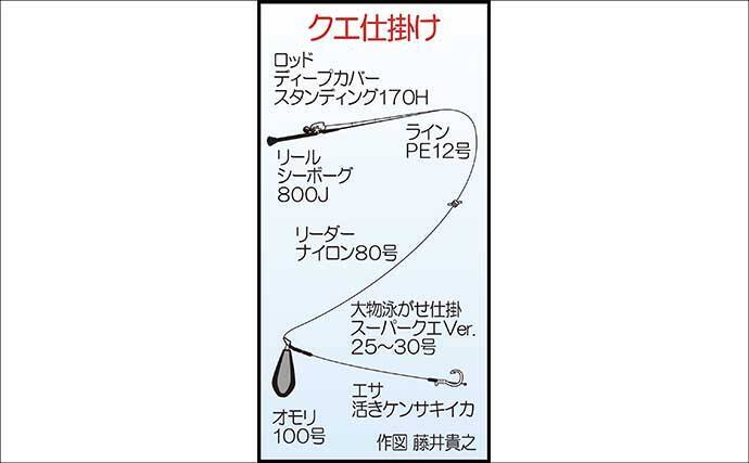 夜焚きイカメタルで釣った活きイカを泳がせてアラ（クエ）を狙う！【山口】